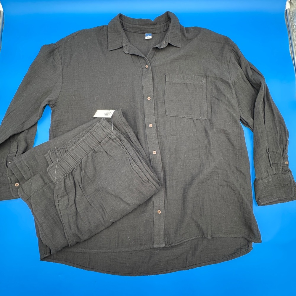Old Navy Womens Black Gauze‎ 2 Piece Set Button Down Shirt Wide Leg Pants Large